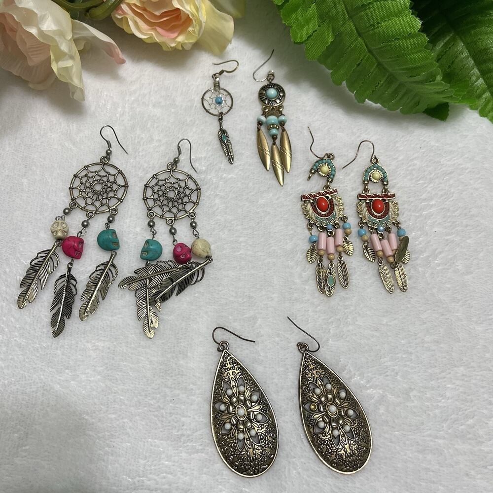 Vintage Handmade Turquoise Beaded Feather Swirl Dangle Earrings - 4-Set Lot